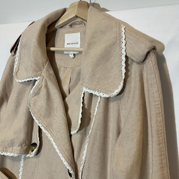 Avec Les Filles Anthropologie Rickrack Trench coat Beige Large Cotton Linen Lace - Picture 14 of 16